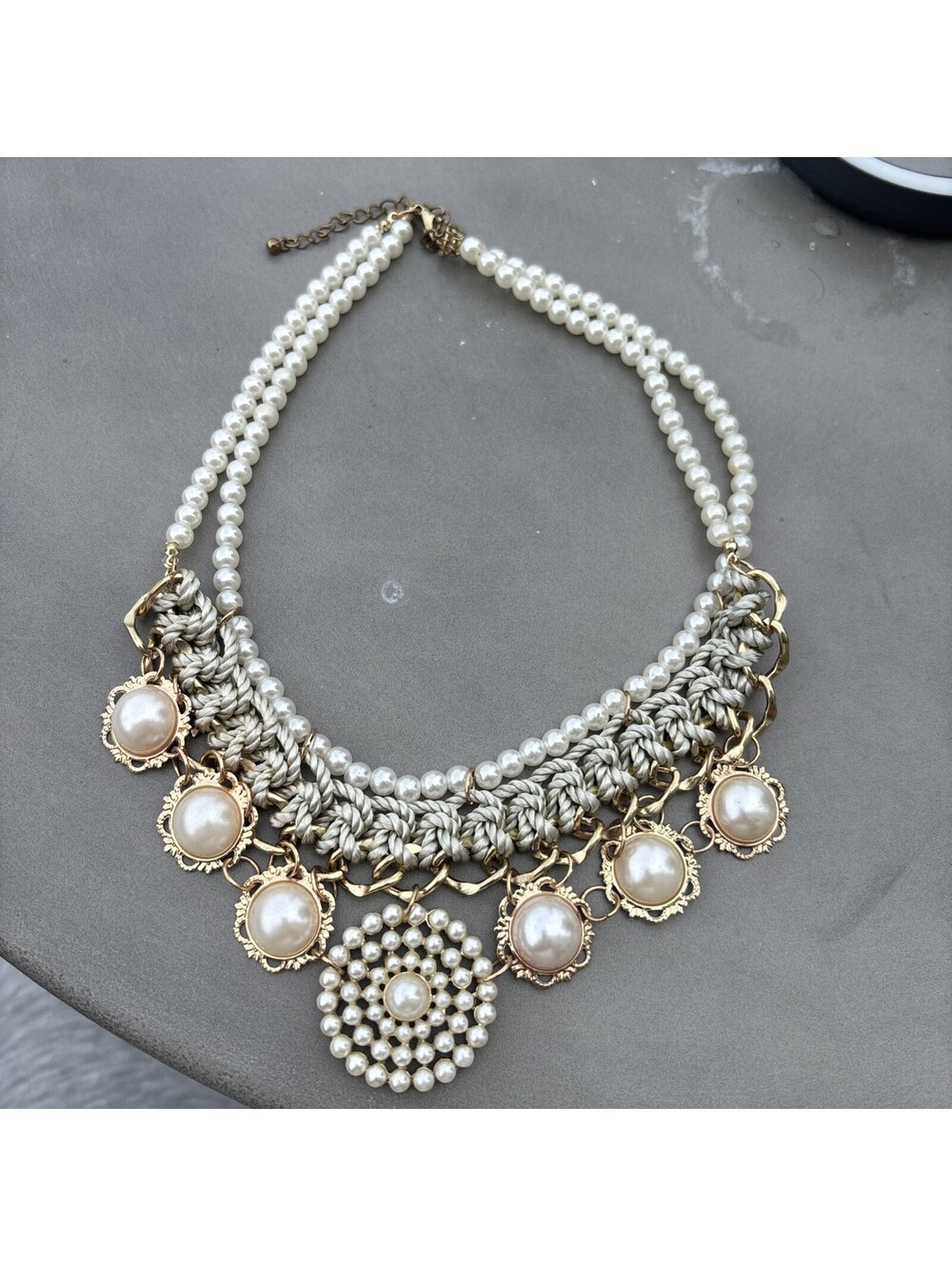 Vintage Faux Pearl Crochet Bib Statement Necklace Silver Tone Boho Runway